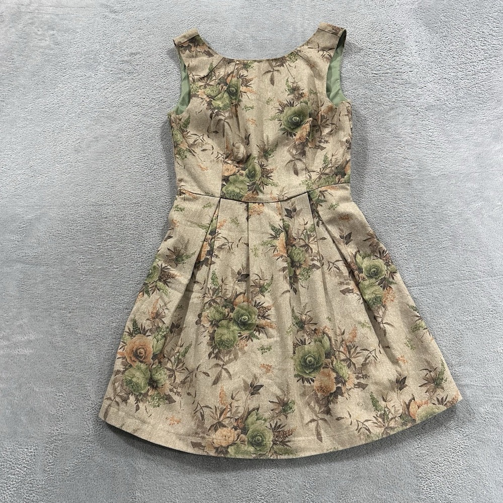 Pink Martini Mini Sleeveless Dress S Beige Floral Wool Blend Boho Cottage Retro